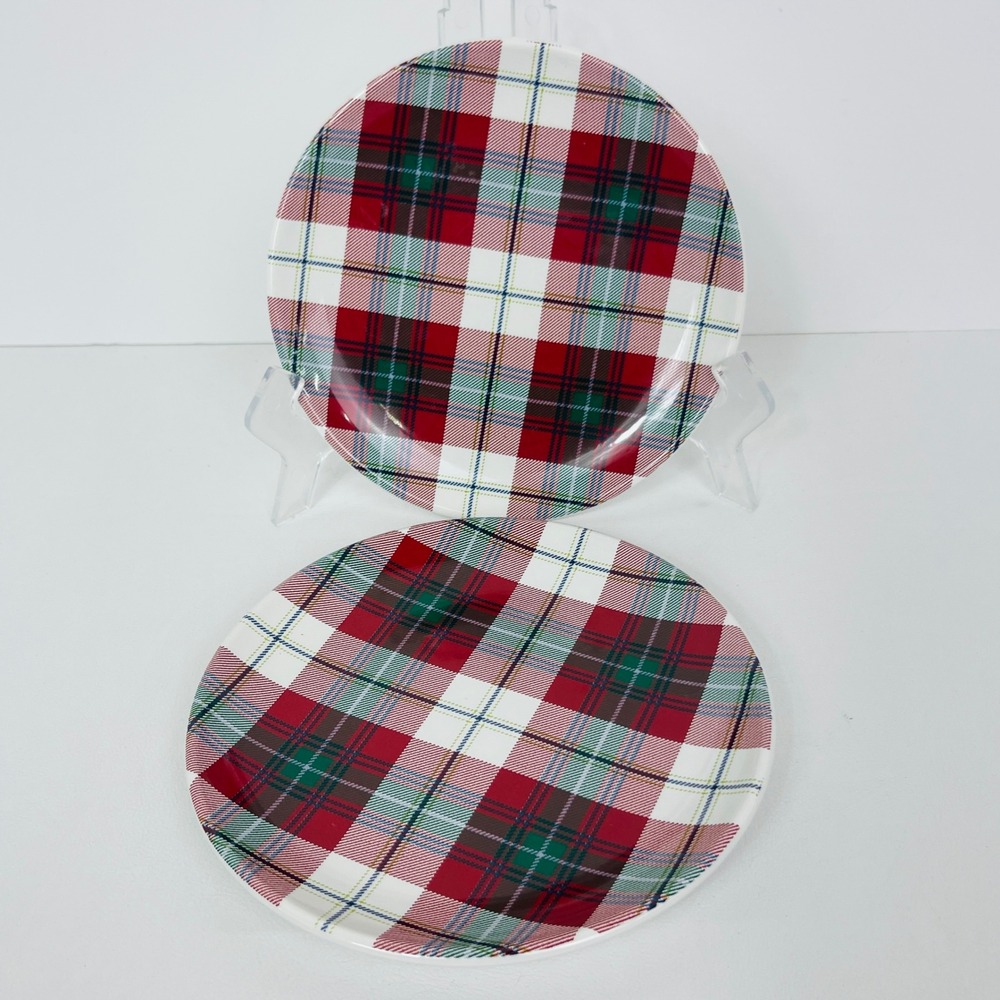 Threshold App Plate Set of 2 Red Green Plaid Stoneware Holiday NEW